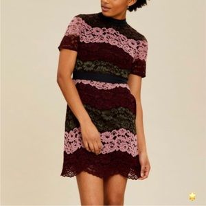 US14 TB5 TED BAKER JASEYY LACE A-LINE STRIPE SHORTSLEEVE MINI OXBLOOD PINK GREEN